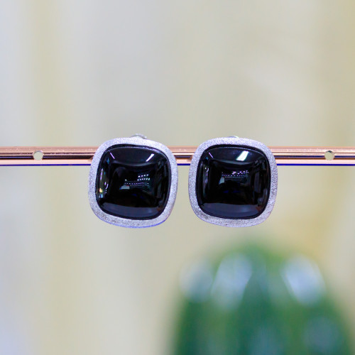 925 Silver Screw Clip Earrings with 18mm Square Onyx Cabochon