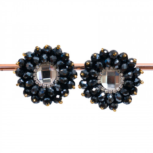 Bijouterie Clip Earrings With Faceted Crystals With Central Cabochon 36mm Jet