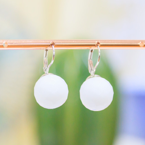 Closed Hook Earrings Of 925 Silver With White Agate Faceted Sphere 14x27mm