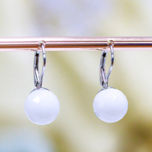 Closed Hook Earrings Of 925 Silver With White Agate Faceted Sphere 10x23mm