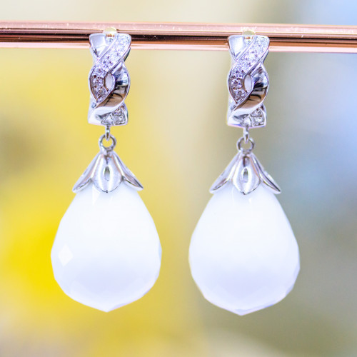 Closed Hook Earrings Of 925 Silver With Zircons And White Agate Faceted Drop 16x38mm