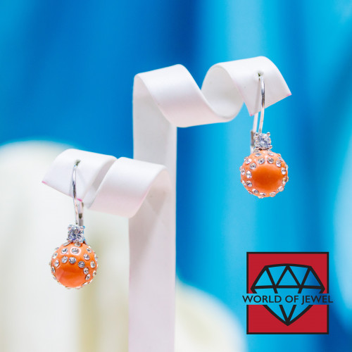 Closed Hook Earrings Of 925 Silver With Zircons And Resin Balls With Rhinestones - Orange