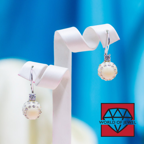 Closed Hook Earrings Of 925 Silver With Zircons And Resin Balls With Rhinestones - White