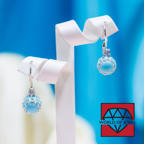 Closed Hook Earrings Of 925 Silver With Zircons And Resin Balls With Rhinestones - Turquoise