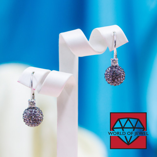 Closed Hook Earrings Of 925 Silver With Zircons And Resin Balls With Rhinestones - Purple