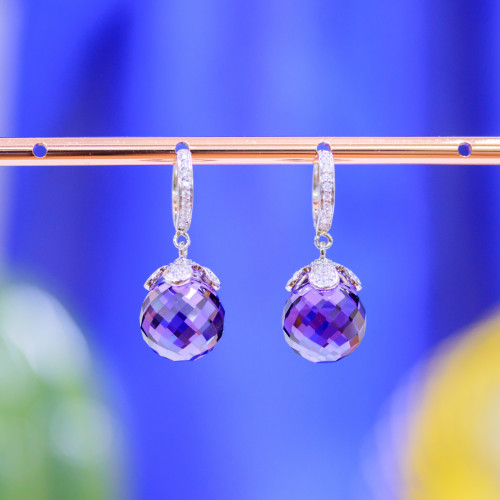 Closed Hook Earrings Of 925 Silver With Zircons And Purple Zircons Faceted Sphere 12x30mm