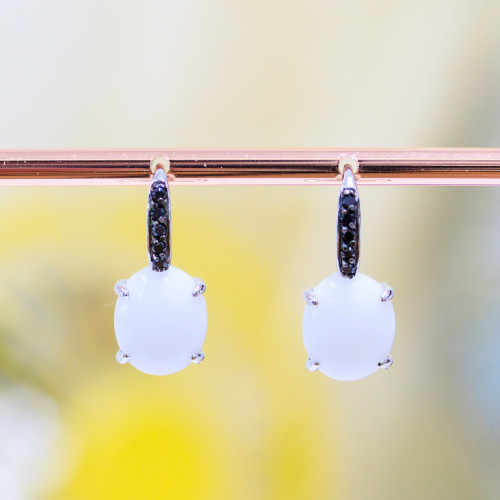 Closed Hook Earrings Of 925 Silver With Black Zircons And White Agate Cabochon 10x23mm