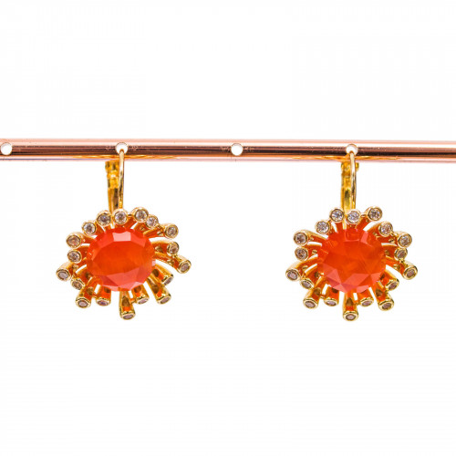 Bronze Closed Hook Earrings With Zircons And Cat's Eye 22x29mm Golden Orange