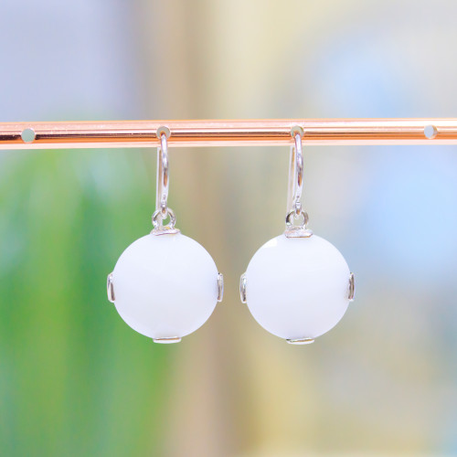 925 Silver Hook Earrings With White Agate Flat Round 17x30mm