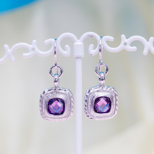 925 Silver Lever Earrings With Heat-diffused Amethysts Set in Rhodium 15x35mm