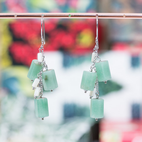 925 Silver Lever Earrings With Green Aventurine And Mother of Pearl 20x78mm
