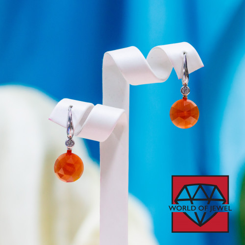 925 Silver Hook Earrings With Cat's Eye Cabochon 12x28mm Orange