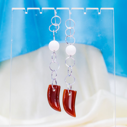 925 Silver Lever Earrings With Chain And Carnelian Horn 15x110mm