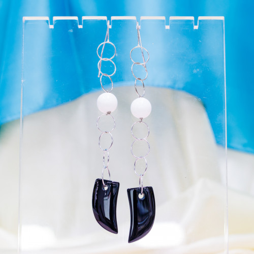 925 Silver Lever Earrings With Chain And Onyx Horn 15x110mm