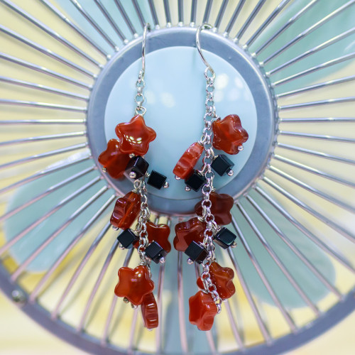 925 Silver Lever Earrings With Carnelian Rose And Onyx Cubes 22x76mm