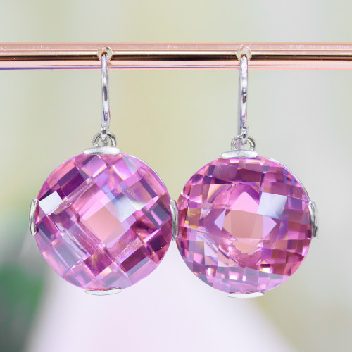 925 Silver Lever Earrings With Pink CZ Crystals 22x33mm