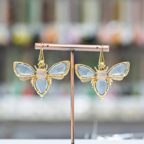 925 Silver Hook Earrings with Bronze Butterflies and Cat's Eye 45mm Gray