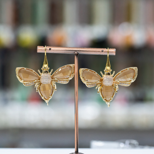 925 Silver Hook Earrings with Bronze Butterflies and Cat's Eye 45mm Brown