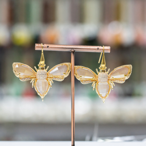 925 Silver Hook Earrings With Bronze Butterflies And Cat's Eye 45mm Peach