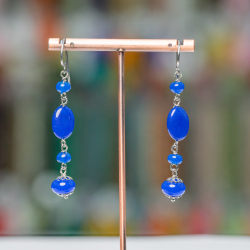 925 Silver Lever Earrings With Blue Korean Jade Shapes 10x65mm