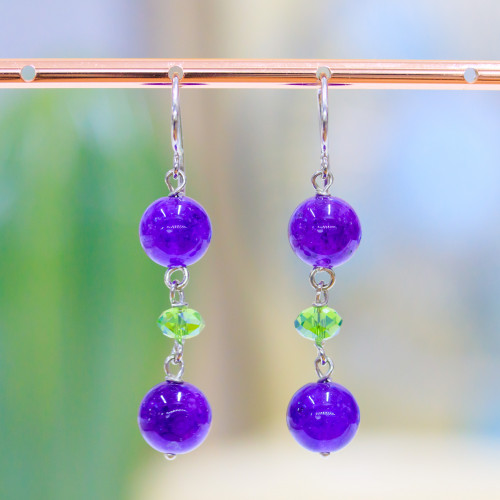 925 Silver Hook Earrings With Purple Jade And Crystal Rondelle 10x50mm