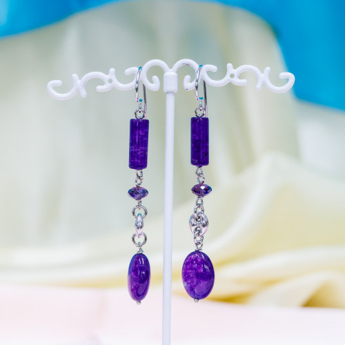 925 Silver Hook Earrings With Purple Jades And 925 Silver Creoles 12x72mm Rhodium Plated