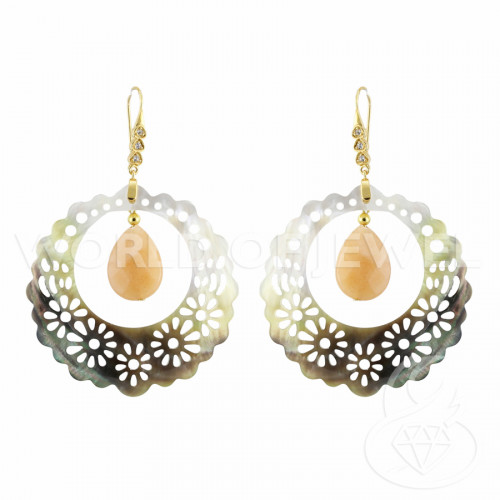 925 Silver Lever Earrings With Openwork Mother-of-Pearl And Orange Jade
