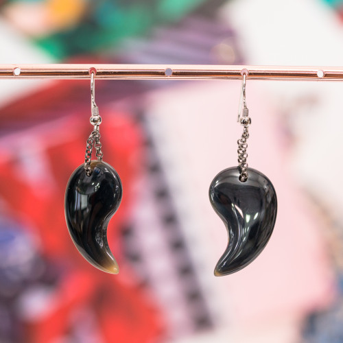 925 Silver Lever Earrings With Comma Onyx 19x50mm