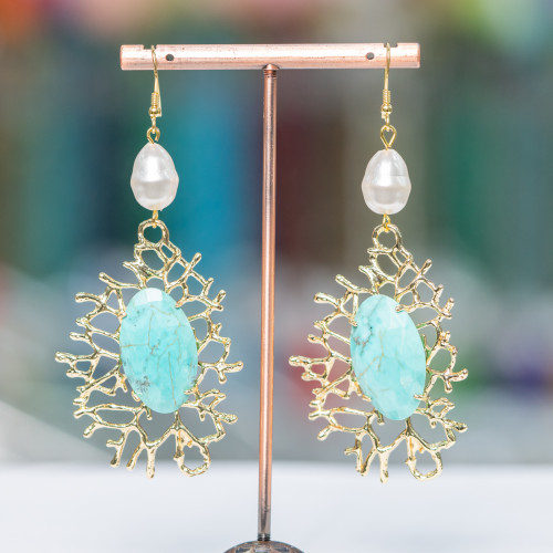 925 Silver Lever Earrings with Mallorcan Pearl and Bronze Sprigs with Cabochon 38x82mm Magnesite