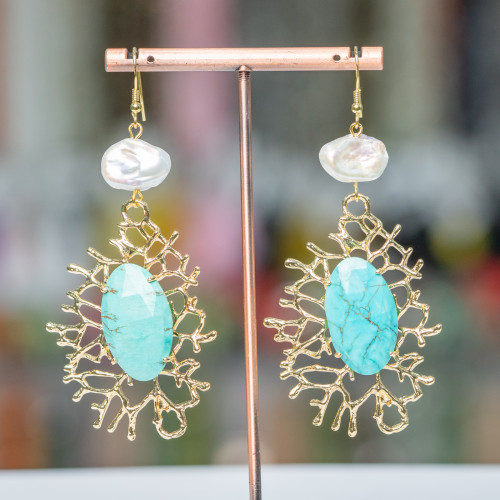 925 Silver Hook Earrings With Pearl And Bronze Sprigs With Cabochon 38x80mm Magnesite