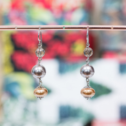 925 Silver Lever Earrings With Mallorcan Pearls and Smoked Quartz 12x60mm