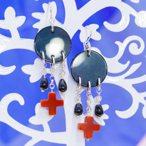 925 Silver Earrings With Black Agate Plates And Red Carnelian Cross 25x70mm