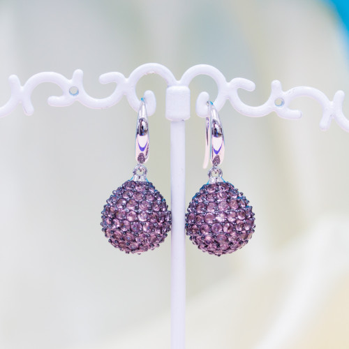 925 Silver Hook Earrings With Lilac Zircon MicroPave Sphere 14x28mm