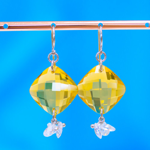 925 Silver Hook Earrings With Zircons In A Flat Rhombus, Faceted And Oval 22x47mm