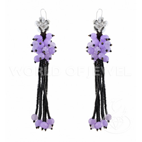 925 Silver and Semiprecious Stone Earrings with Clusters and Fringes with Lilac Jades