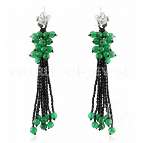 925 Silver and Semiprecious Stone Earrings with Clusters and Fringes with Green Jades