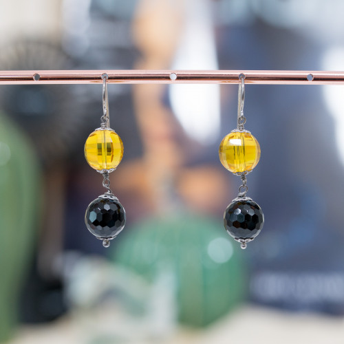 925 Rhodium Plated Silver Lever Earrings with Faceted Amber Zircons and Onyx 13x50mm