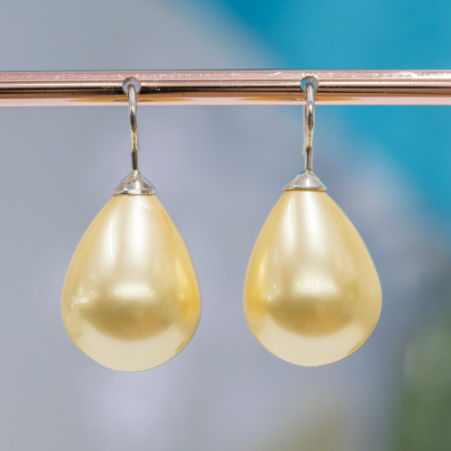 Leverback Earrings Made of Rhodium-plated 925 Silver and Yellow Drop Mallorcan Pearls 16x21mm
