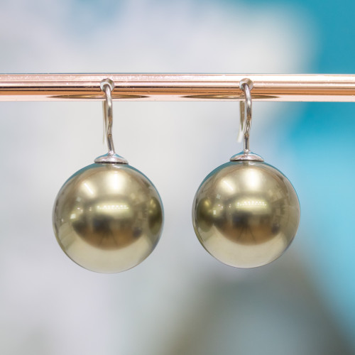 Leverback Earrings Made of Rhodium-plated 925 Silver and Acid Green Mallorcan Pearls 16mm