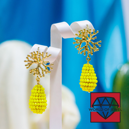 Bronze Lever Earrings With Coral Sprigs With Drops Of Yellow Blackberry Crystals