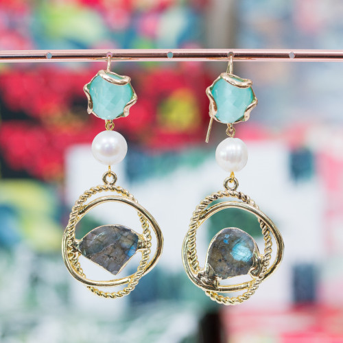 Bronze Lever Earrings With Cat's Eye Elements And River Pearls With Druziums and Semi-precious Aqua Stones