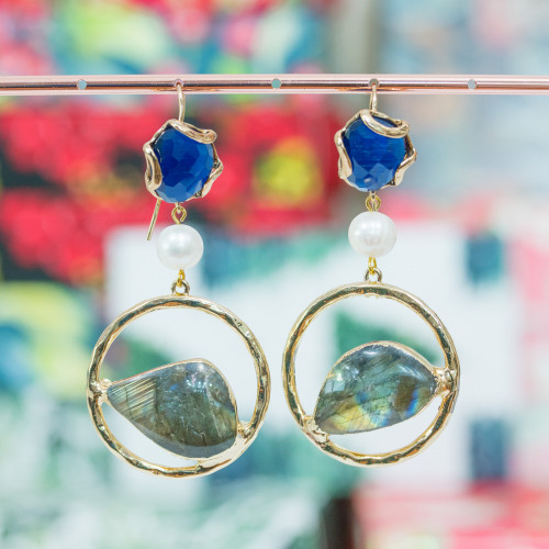 Bronze Hook Earrings With Cat's Eye Elements And River Pearls With Druzium and Blue Semi-precious Stones