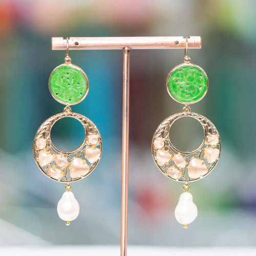 Bronze Lever Earrings with Burmese Jade and Cat's Eye Set and River Pearls 28x75mm Peach Green