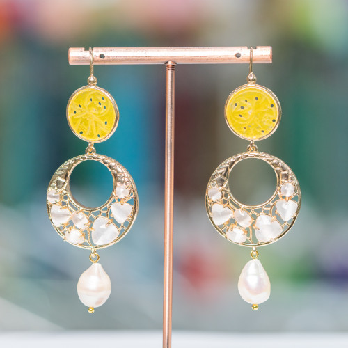 Χάλκινα σκουλαρίκια μοχλοί με σετ Βιρμανίας Jade και Cat's Eye και River Pearls 28x75mm Κίτρινο Λευκό