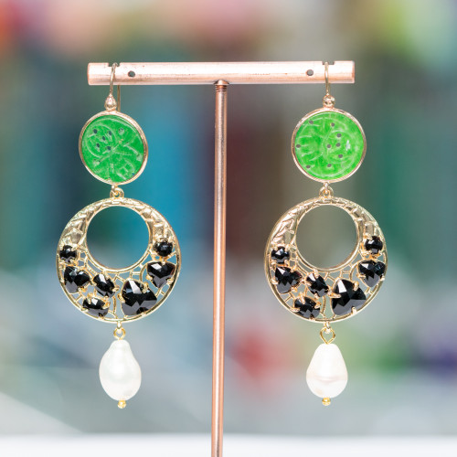 Bronze Lever Earrings With Burma Jade And Cat's Eye Set And River Pearls 28x75mm Green Black