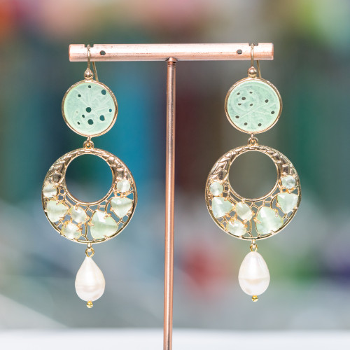 Bronze Lever Earrings with Burmese Jade and Cat's Eye Set and River Pearls 28x75mm Light Green