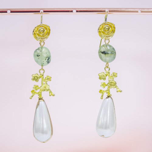 Bronze Lever Earrings With Drops Of Mallorcan Pearls Edged In Gold And Semi-precious Stones