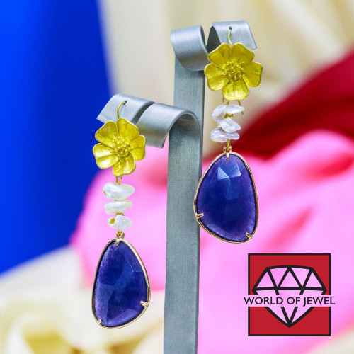 Bronze Lever Earrings With River Pearls and Semi-precious Stone Cabochons Set in Blue