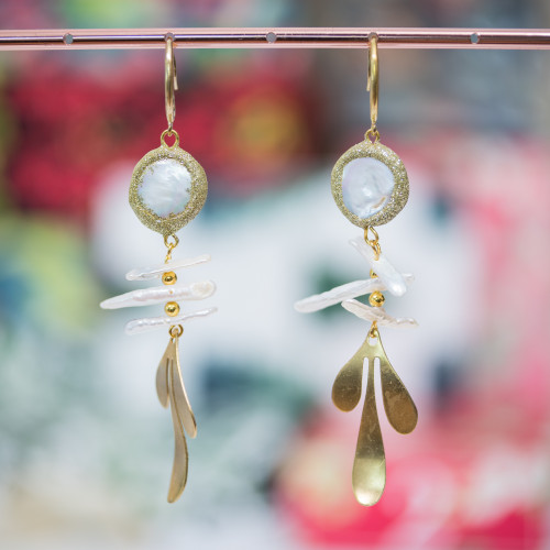 Bronze Hook Earrings With Glitter River Pearls And Bronze Leaves