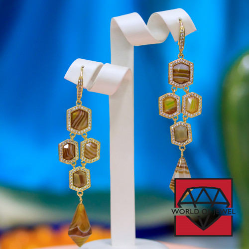 Bronze Lever Earrings With Zircons And Brown Semi-precious Stones